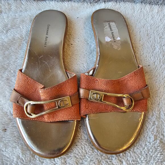 Etienne Aigner Women's Leather Open Toe Slides Flat Sandals Size 6.5 Gold Orange - Picture 1 of 6